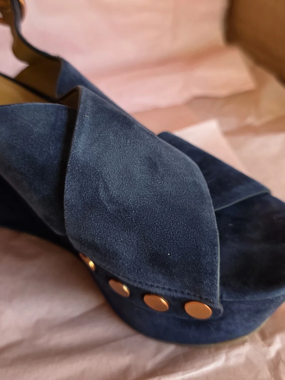 Marc Fisher Navy Suede Platform Wedge Sandals with Copper Studs